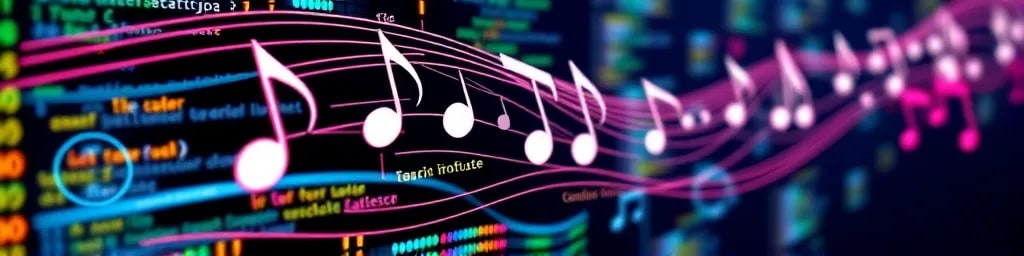 musical notes blending into webdesign code